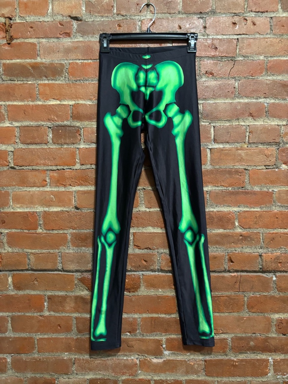 Black Leggings with Green Glow Skeleton Print